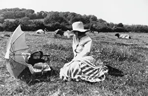 Salcombe: Mother and her young daughter in a field