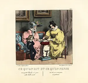 Clumsy: Two mothers in a parlor with their sons, 19th century