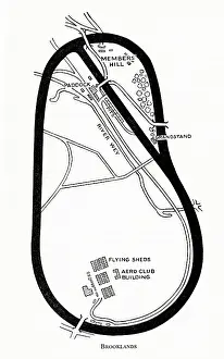 Grandstand: Motor racing circuit track at Brooklands, Surrey
