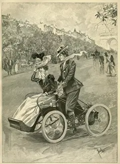 Triomphe: Motorcycle and sidecar on the Champs Elysees, Paris