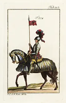 Barding: A mounted ensign in plate armor holding a standard