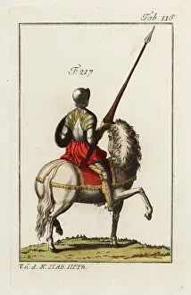 Equerry: Mounted equerry in full armor with lance, shield and helmet