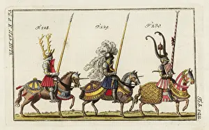 Caparison: Three mounted knights in armor for different tournaments