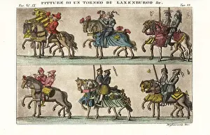 Caparison: Mounted knights in armour in a procession, 15thC tournament