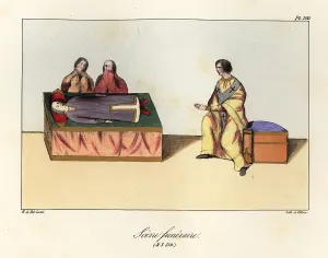 9th Century: Two mourners praying over a dead body on a bier