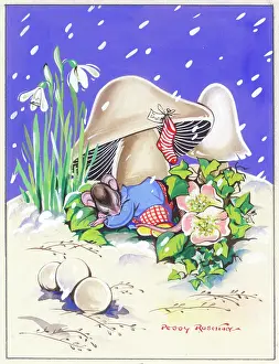 Rushton: Mouse asleep under toadstool with snow falling