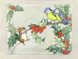 Dangling: A mouse dangles off of a holly tree branch
