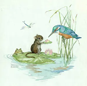 Dragonflies: A mouse giving birthday cake to a Kingfisher
