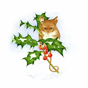 Fawcett: Mouse with a holly bough in the snow