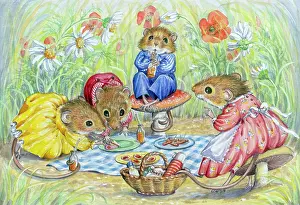 Straws: Mouse picnic - three young mice and mother