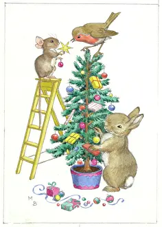 Mouse and rabbit decorating Christmas tree