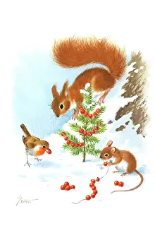 Stringing: Mouse, squirrel, robin decorating Christmas tree