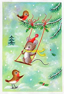 Retro Christmas: Mouse on swing with two robins in the snow