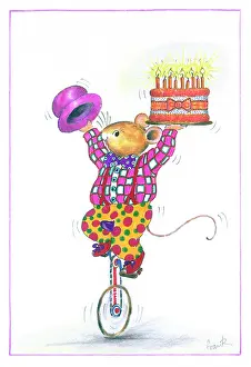 Endersby: Mouse on a unicycle with a birthday cake