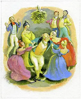 Kissed: Mr Pickwick being kissed under the mistletoe