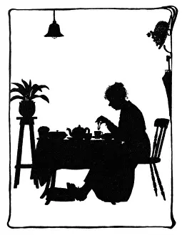 Teacup: Mrs Bobbity sitting at the breakfast table