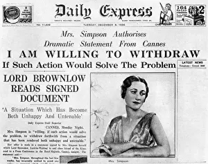Socialite: Mrs Simpson offers to withdraw, 8 December 1936