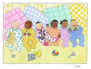 Propped: Multi national babies sitting in a row