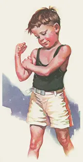 Delineator: Muscle Man, young boy displaying his muscles, Delineator