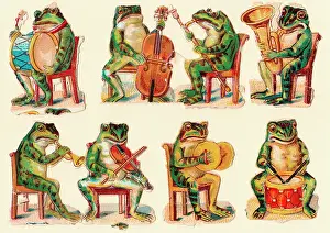 Bassoon: Musical frogs on eight Victorian scraps
