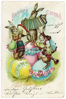 Concertina: Three musical hares on three decorated Easter eggs