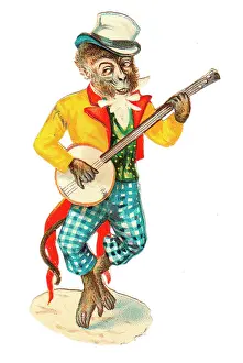 Banjos: Musical monkey on a Victorian scrap