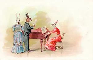 Civilised: Musical rabbits with piano on a greetings postcard