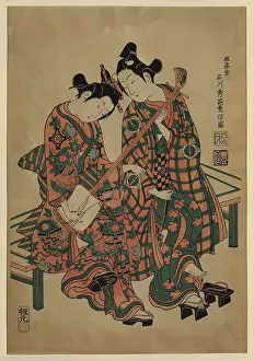 Shamisen: Two musicians seated on a bench, wearing geta