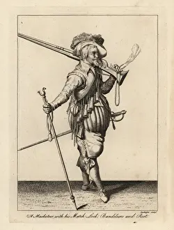 Arquebus: Musketeer with his matchlock, 17th century