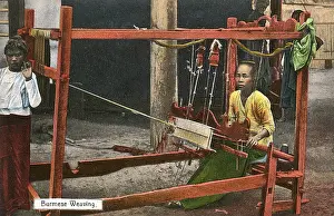 Weaves: Myanmar - A weaver at work using a wooden frame loom