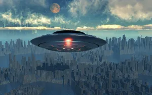 Spacecraft: A mysterious UFO flying over a modern city