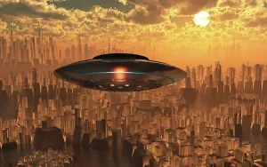 Spacecraft: A mysterious UFO flying over a modern city