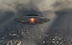 Spacecraft: A mysterious UFO flying over a modern city