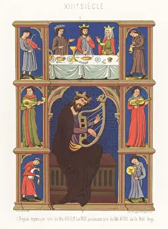 Psalm: A mystical meal and King David playing psalms, 13th century
