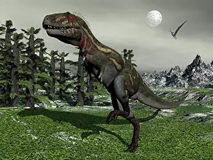 Tempskya: Nanotyrannus dinosaur amongst Tempskya trees at night