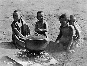 Matabele: Native African Matabele boys with cooking pot