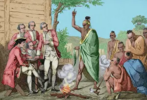 Campfire: Native American council and conquistadors meet around fire