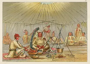 Catlin: Native American Mandans and George Catlin in a tent