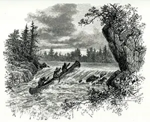Canoe: Native Americans paddling upstream in canoe