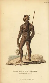 Marquesas: Native man of Nuku Hiva with spear and skull