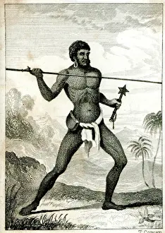 Caledonia: A Native of New Caledonia throwing a spear - 19th century