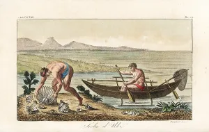 Moluccas: Natives on Obi island in an outrigger canoe