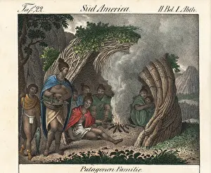 Goedsches: Natives of Patagonia in a hut made out of branches