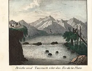 Goedsches: Natives using a rope bridge to cross the Rio de la Plata