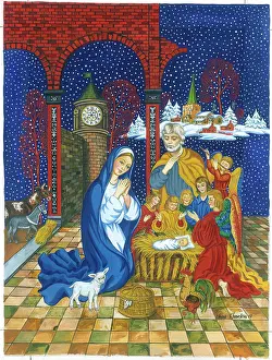 Advent: Nativity with angels, cockerel and lamb