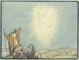 Halos: Nativity scene. An angel appears before three shepherds