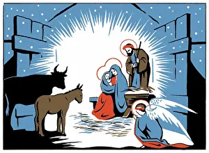 Three Colour: Nativity scene with angel, ox and ass