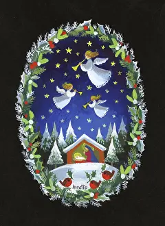 Jane Gordon Clark: Nativity Scene with three Angels and three Robins