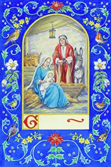 Goldfinch: Nativity scene with border of birds & flowers