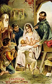 Manger: Nativity scene on a German Christmas card